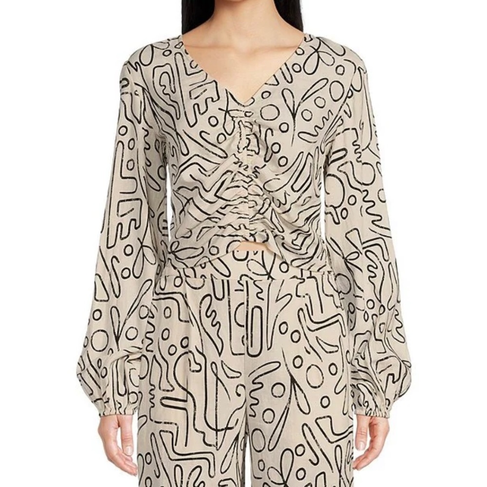 Every | Abstract Linen Blend Long Sleeve Crop Top